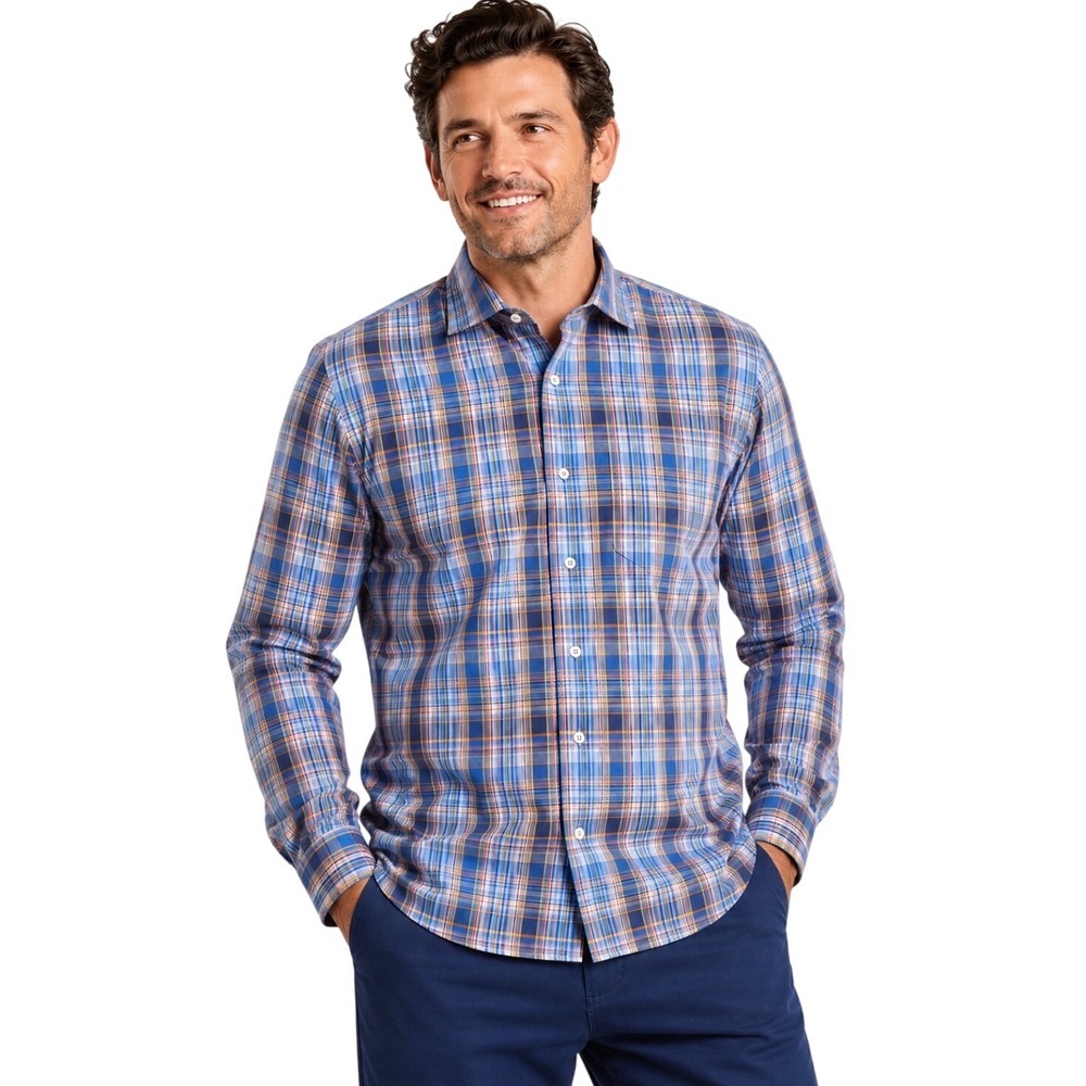 Peter Millar Mens Large Plaid Button Down Shirt Blue Orange Long Sleeve Cotton